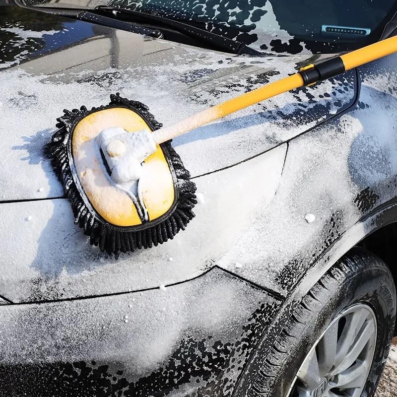Generic Car Wash Brush Microfiber Mop Replaceable Head 15° Curved Pole Yellow