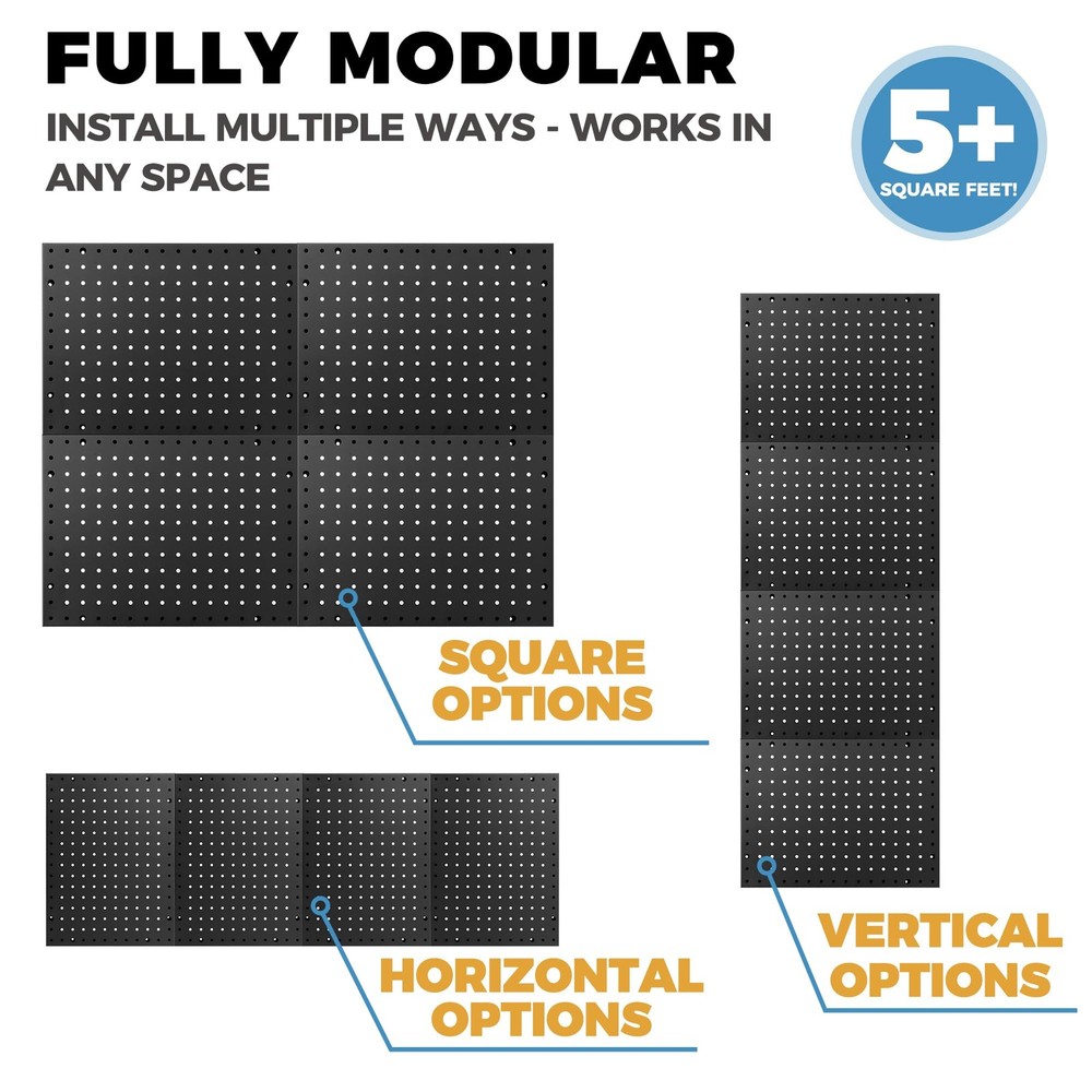 Heavy Duty 4-Panel Pegboard Wall Organizer & 32 Peg Hooks - Four Black Metal ...