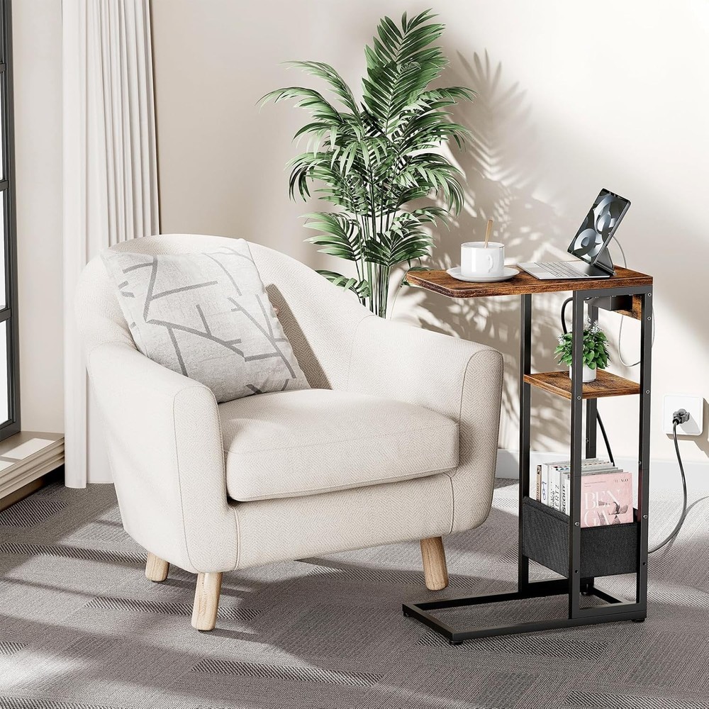 C Shaped End Table with Charging Station, Small Side Table for Couch Recliner,