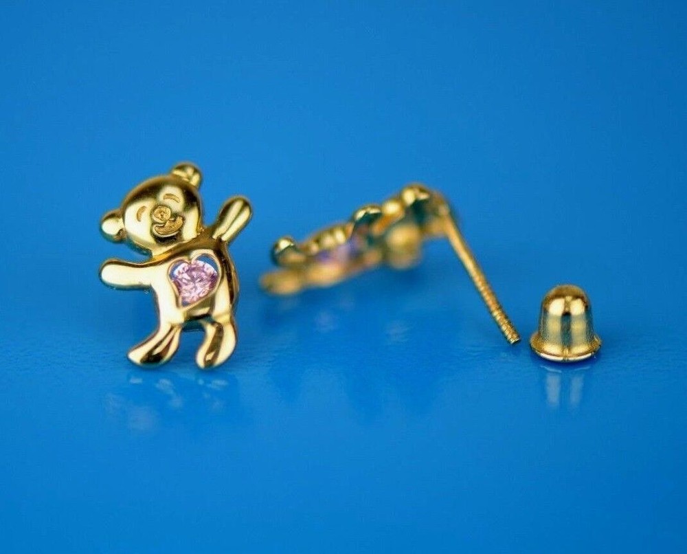 14k Yellow Gold CZ Bear Stud Earrings