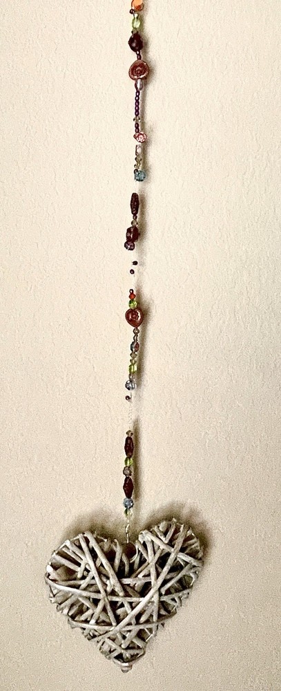 Handmade Heart Shaped Woven Stick Wall Hanging with Beaded String