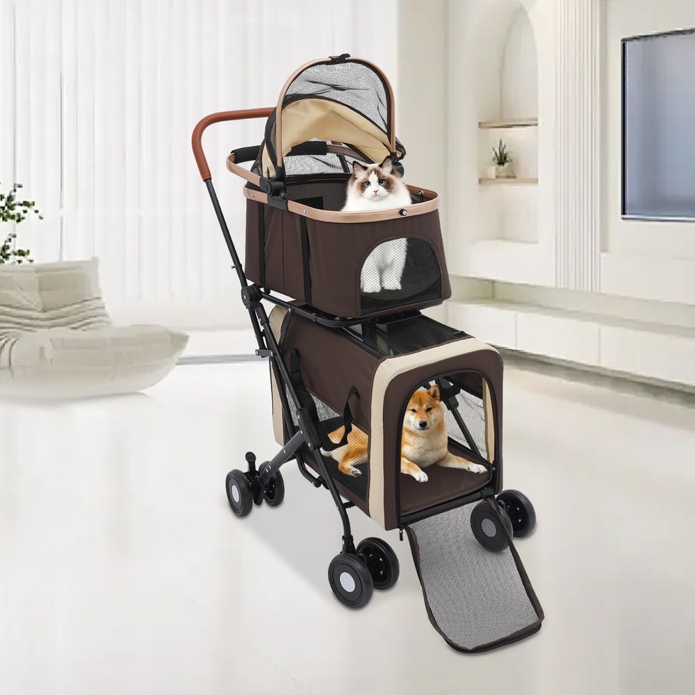 2-Tiers Foldable Cat Stroller Pet Stroller Small & Medium Dogs Stroller 77lbs