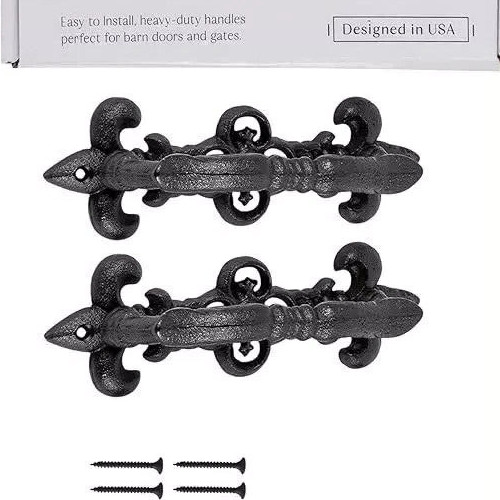 2 Large Victorian Door Handle Pull Cast Iron Fleur De Lis Accents Floral Rustic