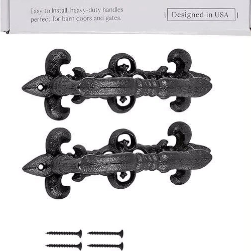 2 Large Victorian Door Handle Pull Cast Iron Fleur De Lis Accents Floral Rustic