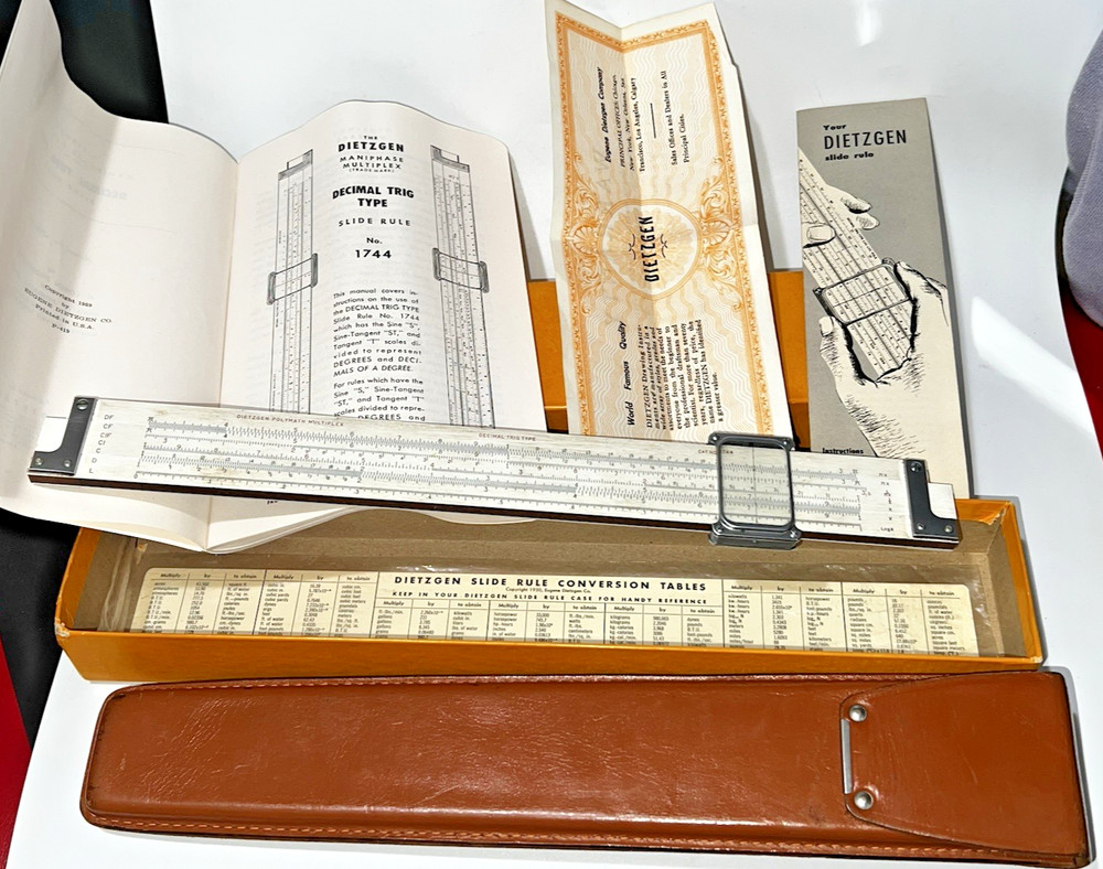 Dietzgen Slide Rule Polymath Multiplex Decimal Trig Type 1744 Case Box Manual