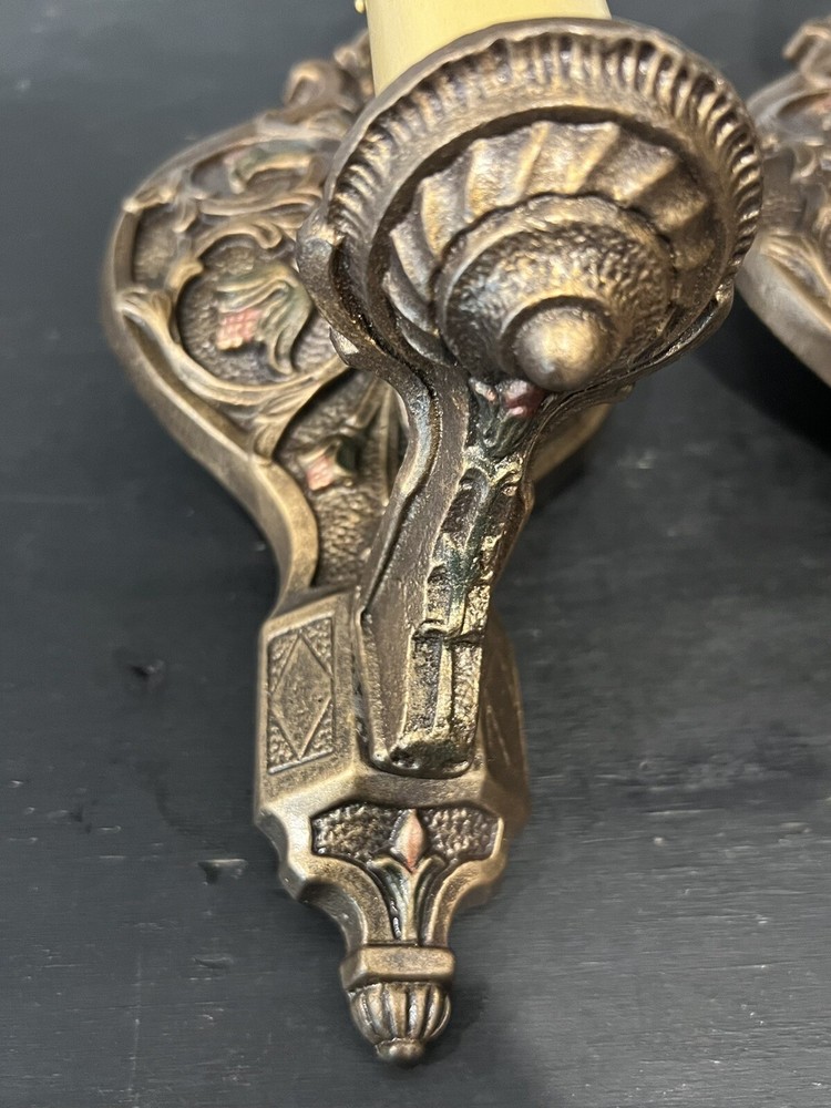 Great Pair Antique Polychrome Wall Sconces 66E