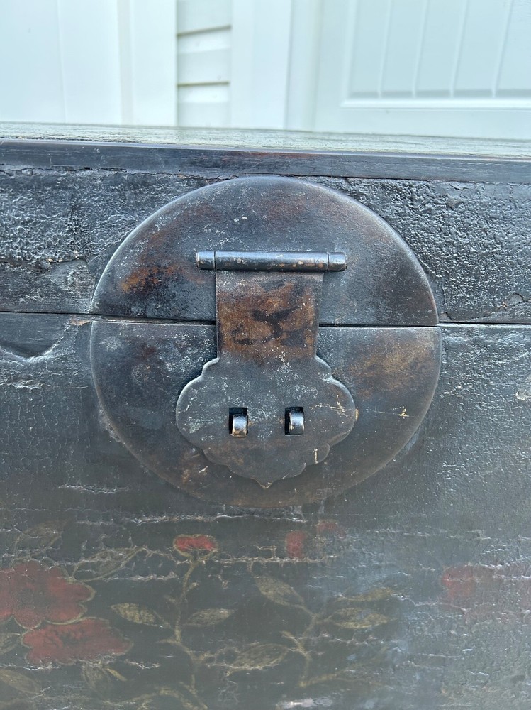 Antique Asian Distressed Black Dovetail Trunk