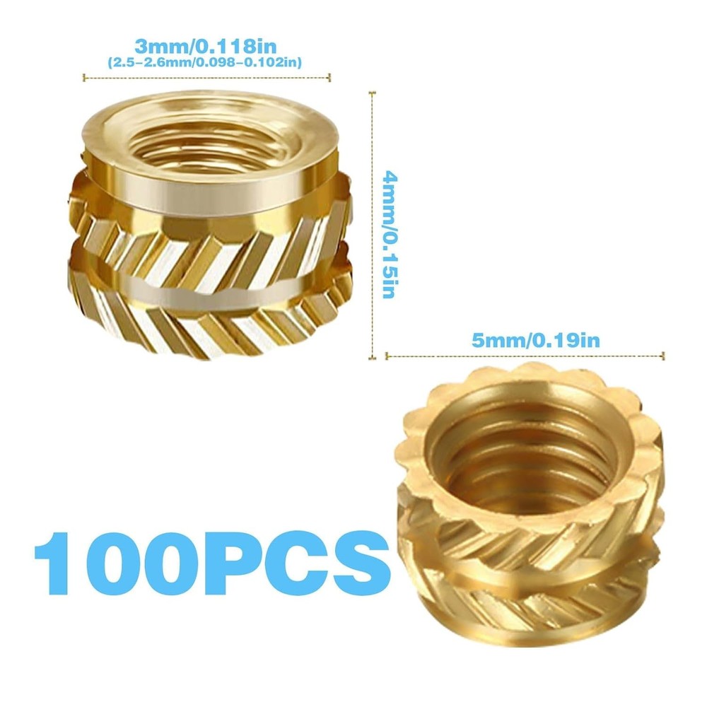 100Pcs M3 Threaded Insert, Heat Set Inserts Brass Nuts