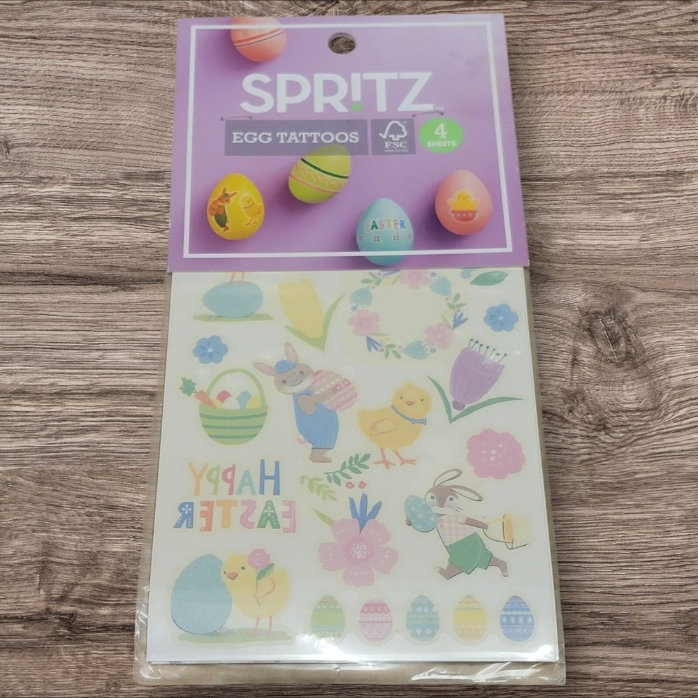 Spritz Easter Egg Tattoos 4 Sheets Decorating Bunny Chick Flower Wreath Pastel