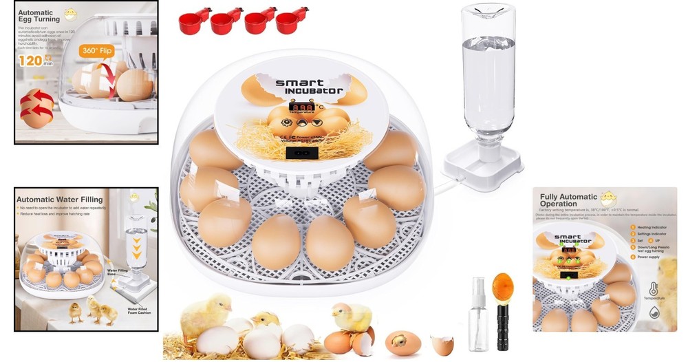 Compact 12 Egg Hatching Incubator with Auto Water & LED Candle Functionality