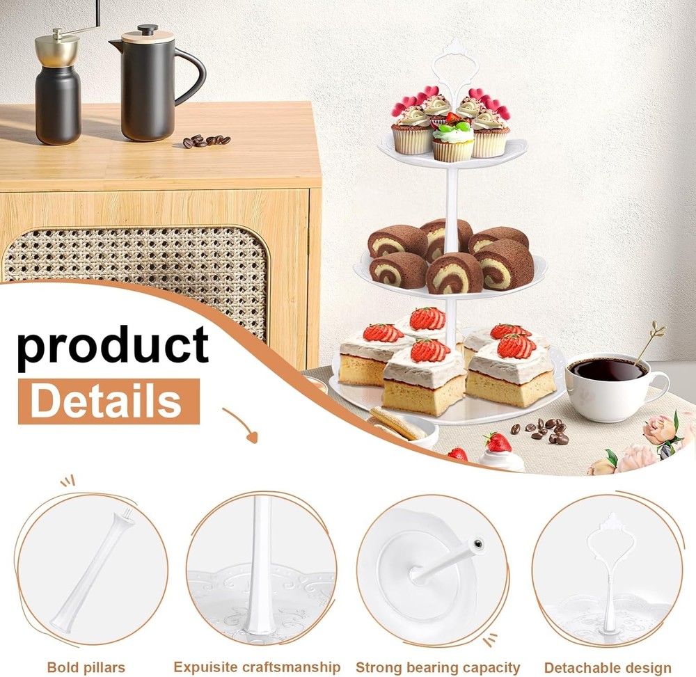 Cake Stand White Plastic Dessert Table Display Set 4 Pcs 3 Tired Cupcake