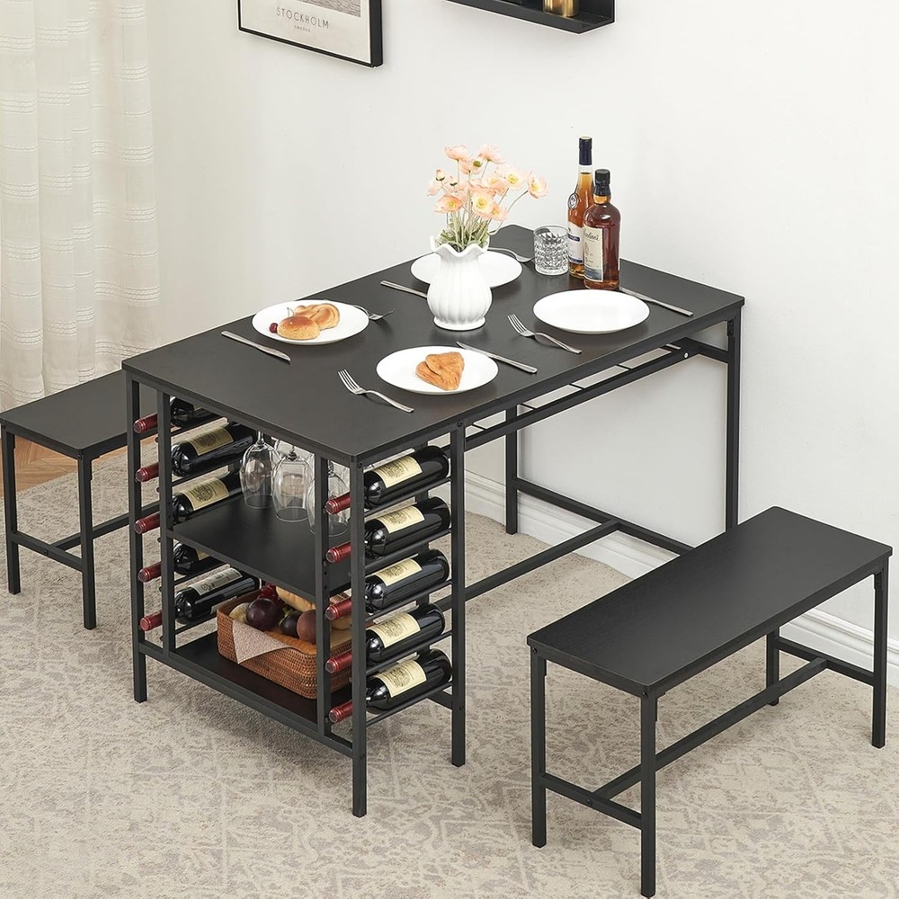 Dining Table Set, Rectangular Kitchen Table w 2 Benches,Wine Rack&Storage Shelf