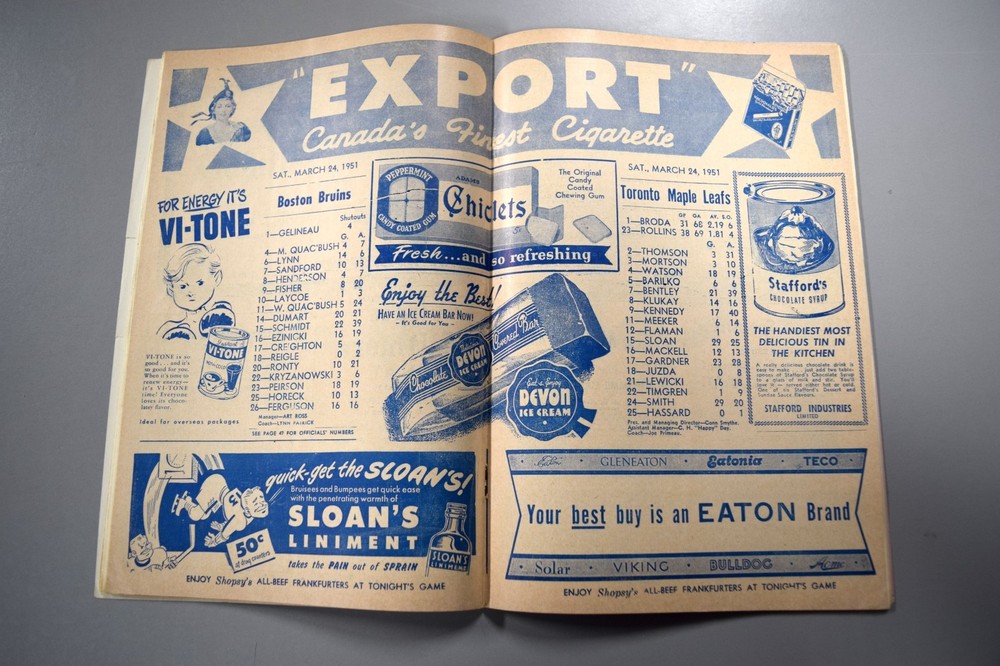 Toronto Maple Leafs Vs Boston Bruins March 24th 1951 Official Game Program Broda