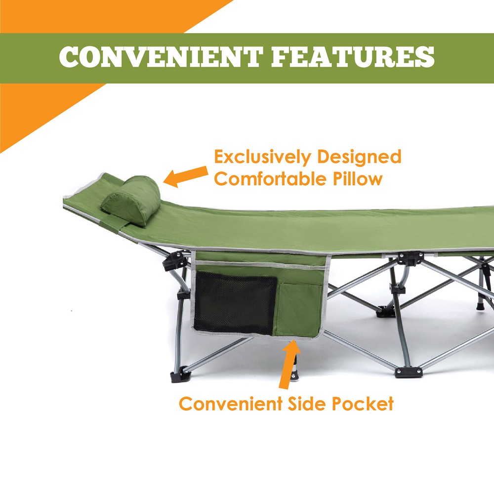 Alpcour Folding Camping Cot - Compact Single Person Bed w/ Pillow & Side Pocket