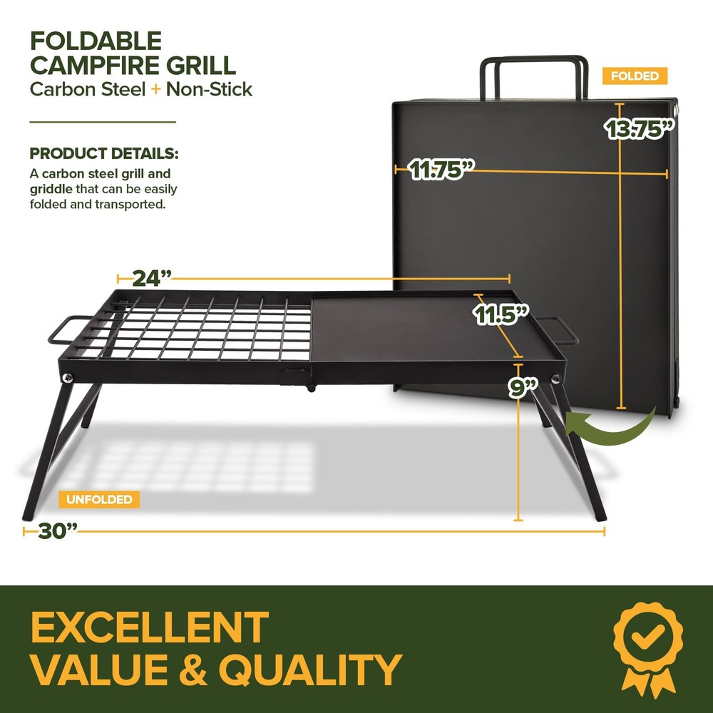 Foldable Carbon Steel Campfire Grill Portable Grate Griddle Fire Pit BBQ