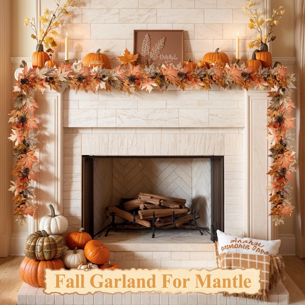 6 FT Fall Garland with Lights Timer Function Fall Leaves Garland with Berries...