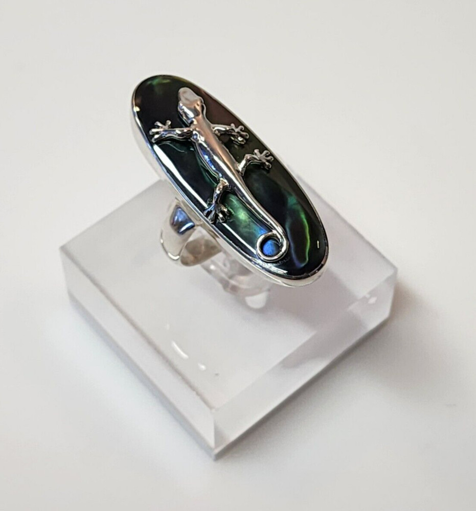 LIZARD GECKO STATEMENT RING 925 Silver IRIDESCENT Black Shell Size 8 BALI
