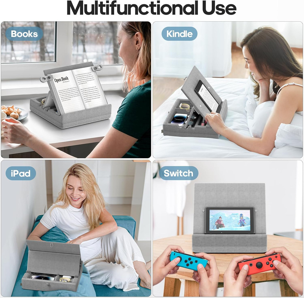 Book Stand with Storage, Multi-Angle Viewing Reading Tablet Holder for Lap, Bed,