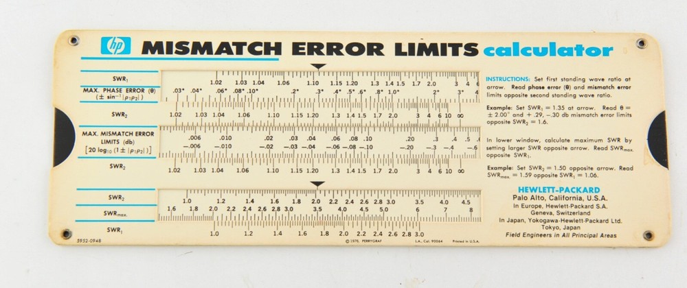 HP 5952-0948 Reflectometer & Mismatch Error Limits Slide Rule Calculator