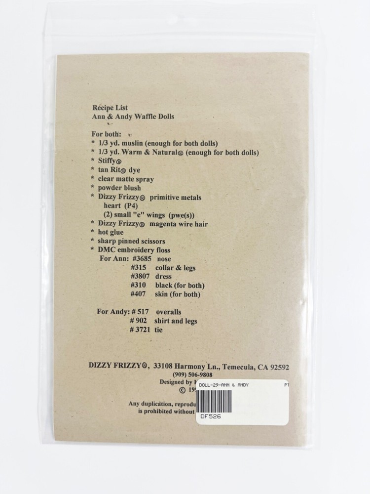 Dizzy Frizzy Ann & Andy 12" Pattern #526