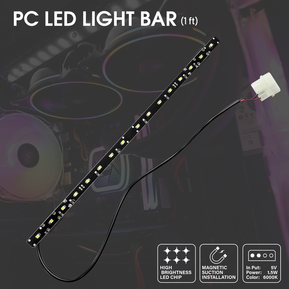1ft White 6000K Magnetic 16 LED Strip Easy Installation Bright for Computer Case
