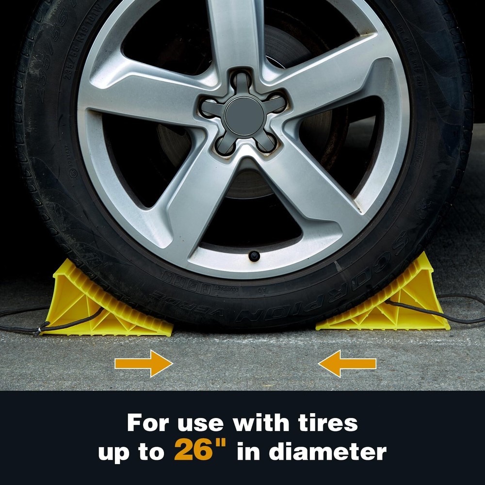 4Packs Yellow Heavy Duty Wheel Chocks with Rope, Easy Removal, Durable, Non-Slip