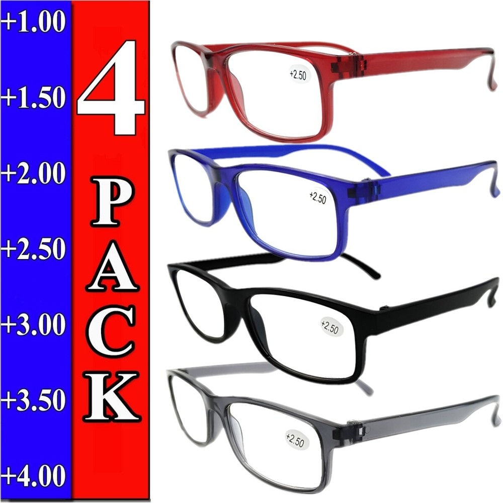 4 PK Mens Rectangular Blue Light Blocking Reading Glasses Spring Hinge Readers