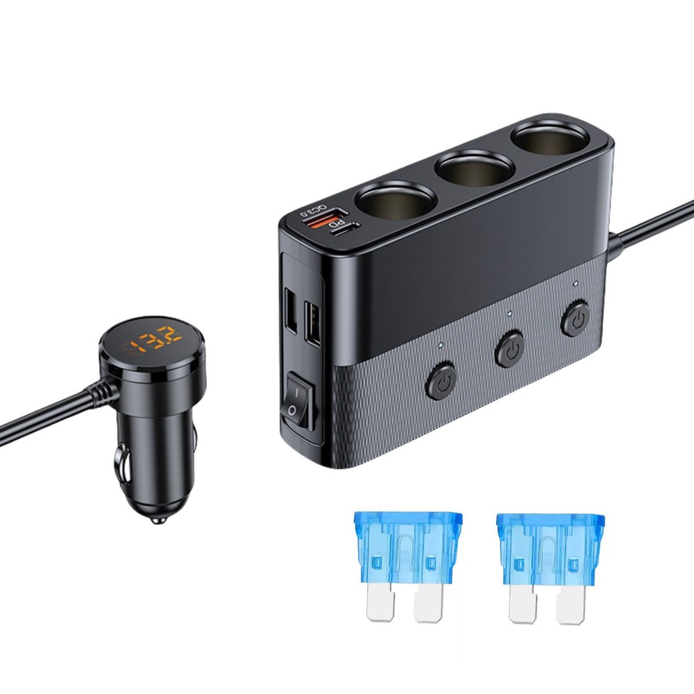 V3 Way Car Cigarette Lighter Socket Splitter 7 in 1 Power Adapter 127W (Max)