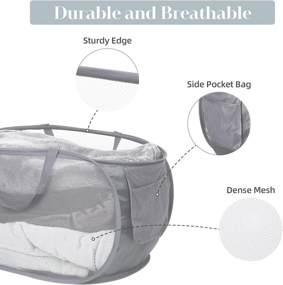 Durable Collapsible Laundry Baskets, Mesh Pop Up Laundry Hamper with Side
