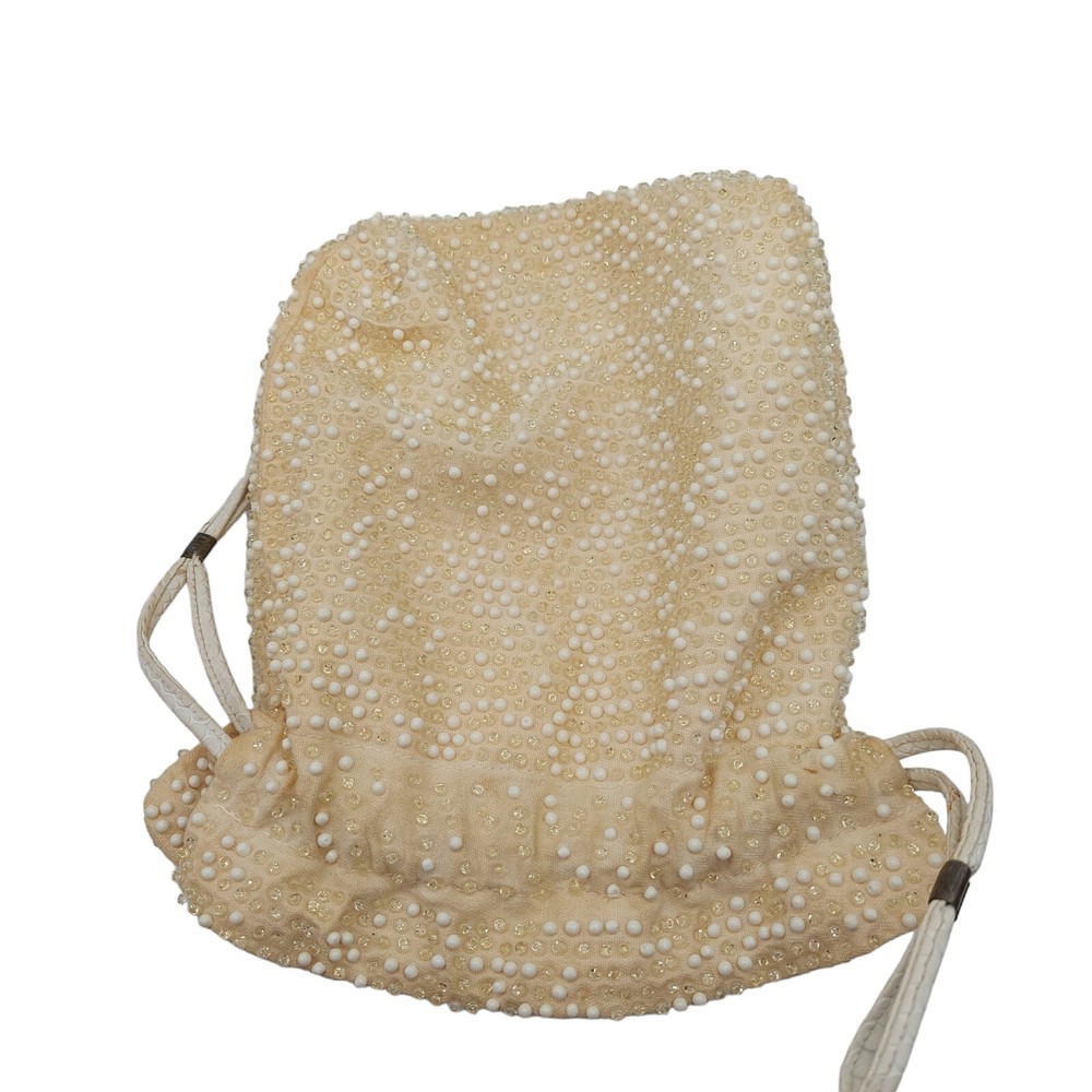 Beaded Purse With Pull String Closure Cream Colored Reversible