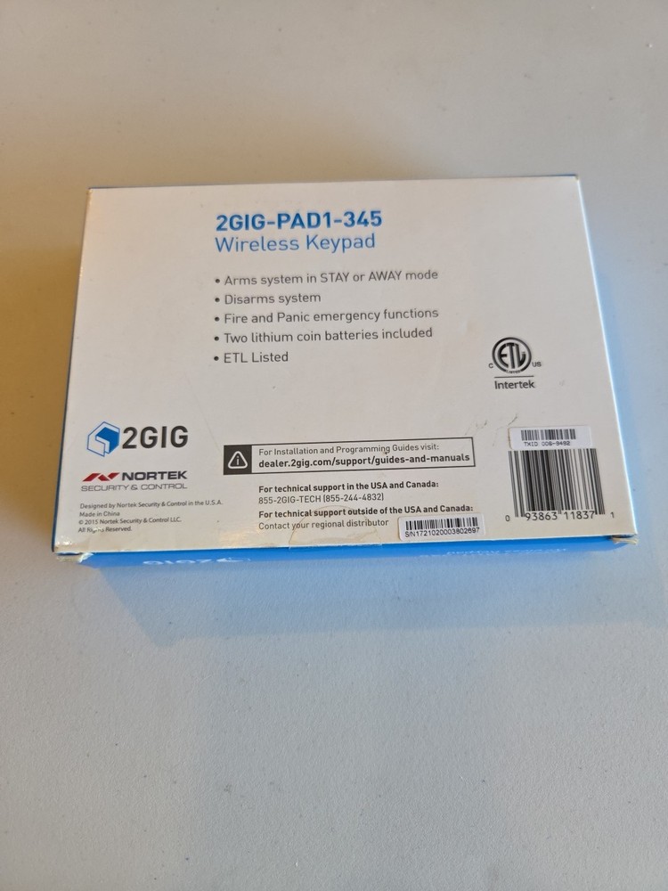 2GIG Technologies Wireless Keypad 2GIG -PAD1-345 New Sealed
