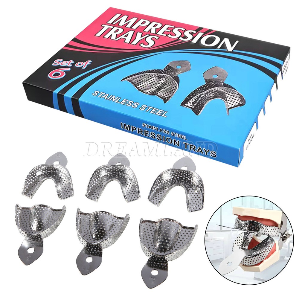 6 Metal Dental Impression Trays set Perforated Upper + Lower Denture Instruments