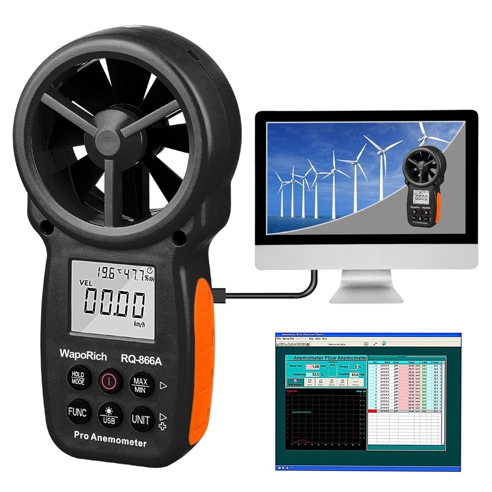Handheld Anemometer, Digital Wind Speed CFM Meter Gauge - PC Data Air Flow Me...