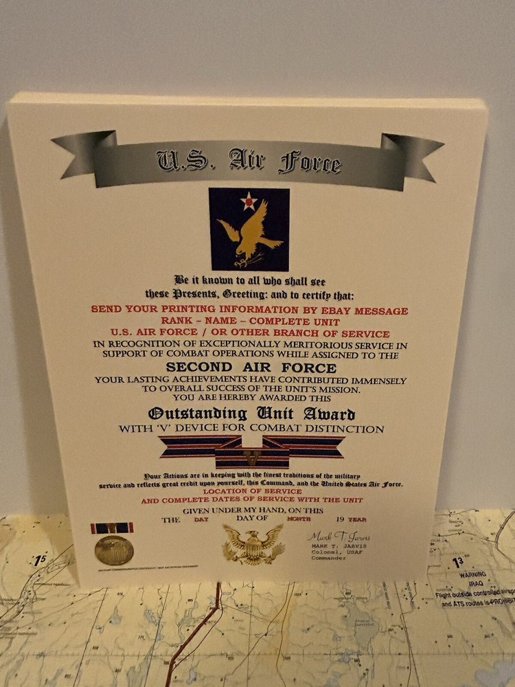 U.S. AIR FORCE / 2ND AIR FORCE - OUTSTANDING UNIT AWARD W/V DEVICE CERTIFICATE