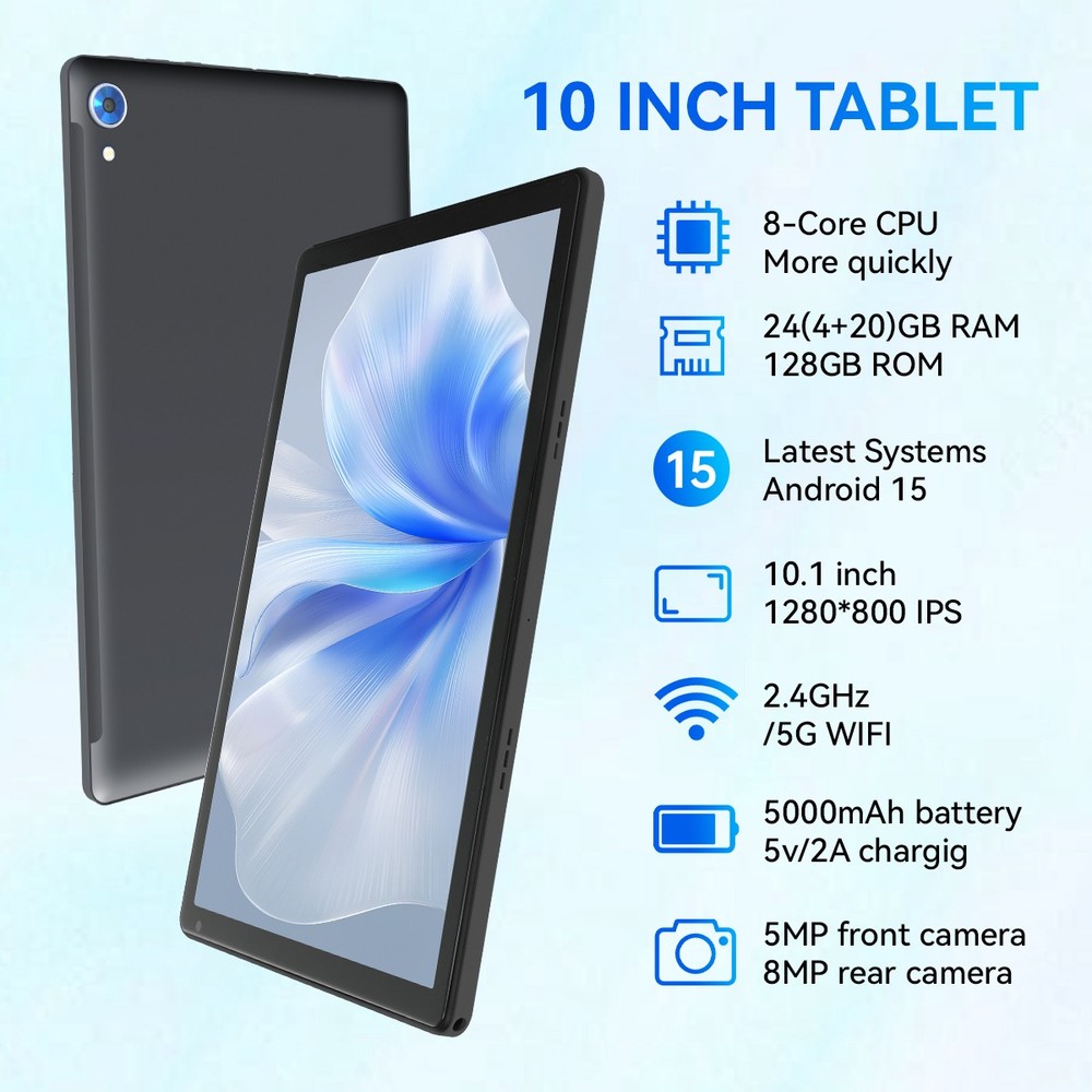 Android15 Tablet 10.1" Octa-core Processor 24GB RAM 128GB ROM HD IPS Dual Camera