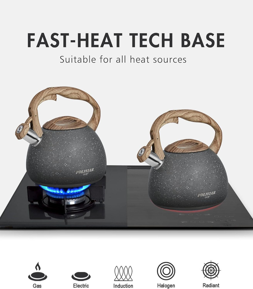 Tea Kettle, 2.7 Quart Natural Stone Finish with Wood Pattern Handle Loud Whis...