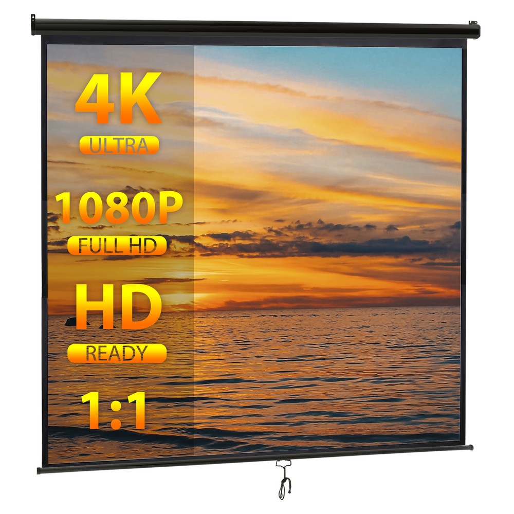Manual Pull Down Projector Screen 84" X 84" Format HD Home Theater Black