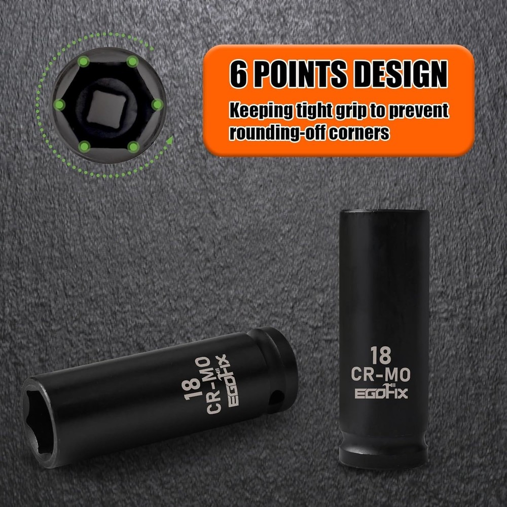 1/2" Drive Deep Impact Socket, 18mm Socket, CR-MO, Metric, 6 Point