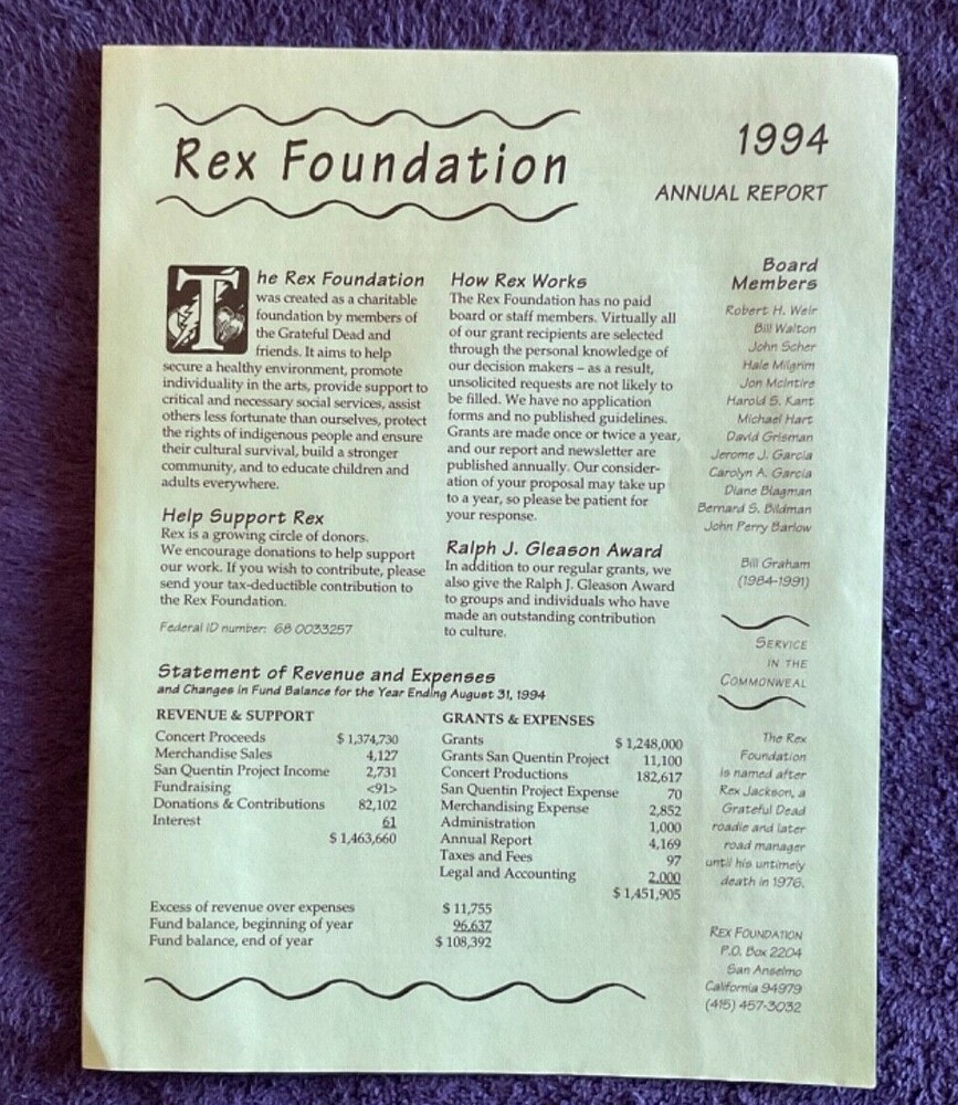 The Grateful Dead 1994 Rex Foundation Annual Report with Insert & Mailer