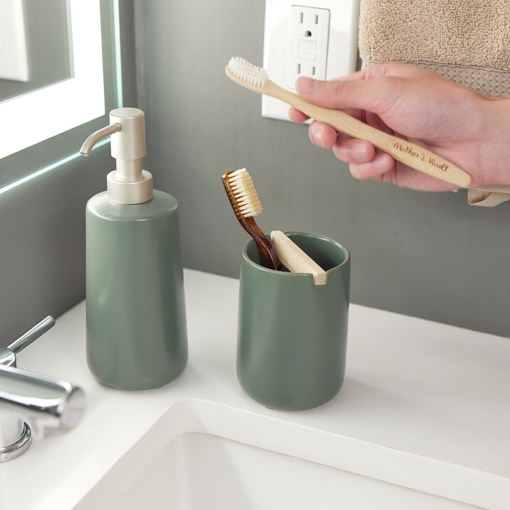 iDesign Ceramic Earth Collection Toothbrush Holder Holder, Moss