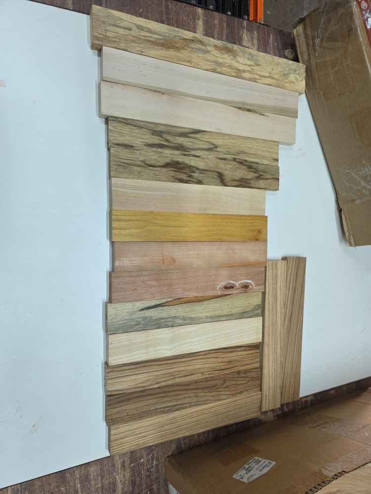 Assorted Domestic And Exotic Cutting Board Strips. 60 Total