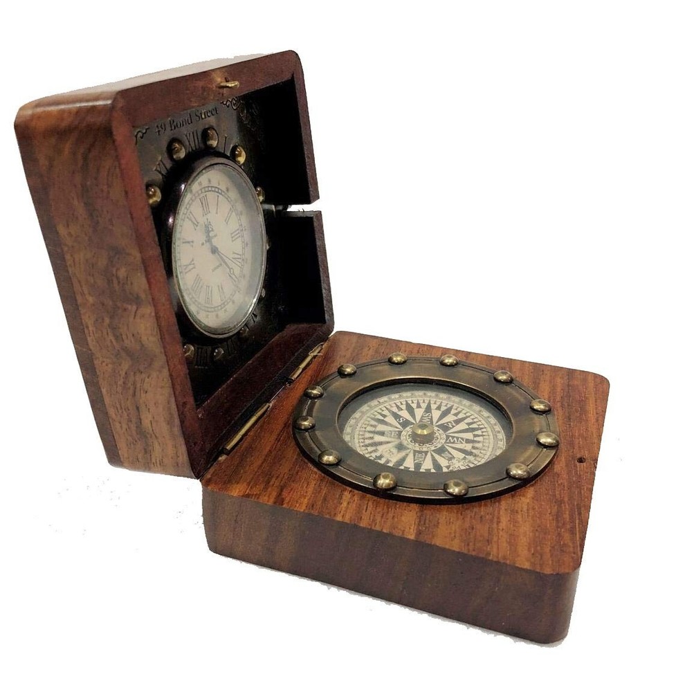 Antique Pocket Compass Analog Clock 3.5" Brass Navigation Pocket Solid Brass