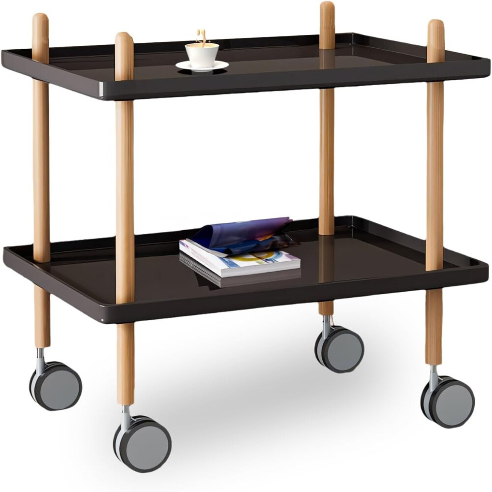 2 Layer Coffee End Table Rolling Side Table Nightstand Bedside with Shelves