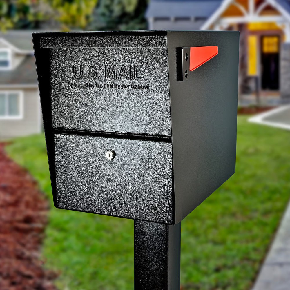 Mail Boss Package Master Modern Galvanized Steel Post Mount Black Locking Mailbo
