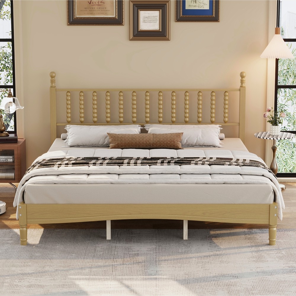 King Platform Bed Retro Frame With Gourd Headboard No Box Spring