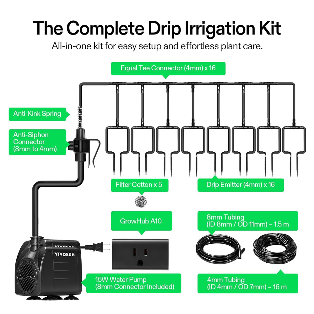 Automatic Drip Irrigation Kit, Smart Watering System with 16 Drip Emitters, 4mm