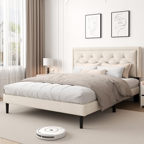Size Platform Bed Frame with Upholstered Velvet Button Tufted Full Beige