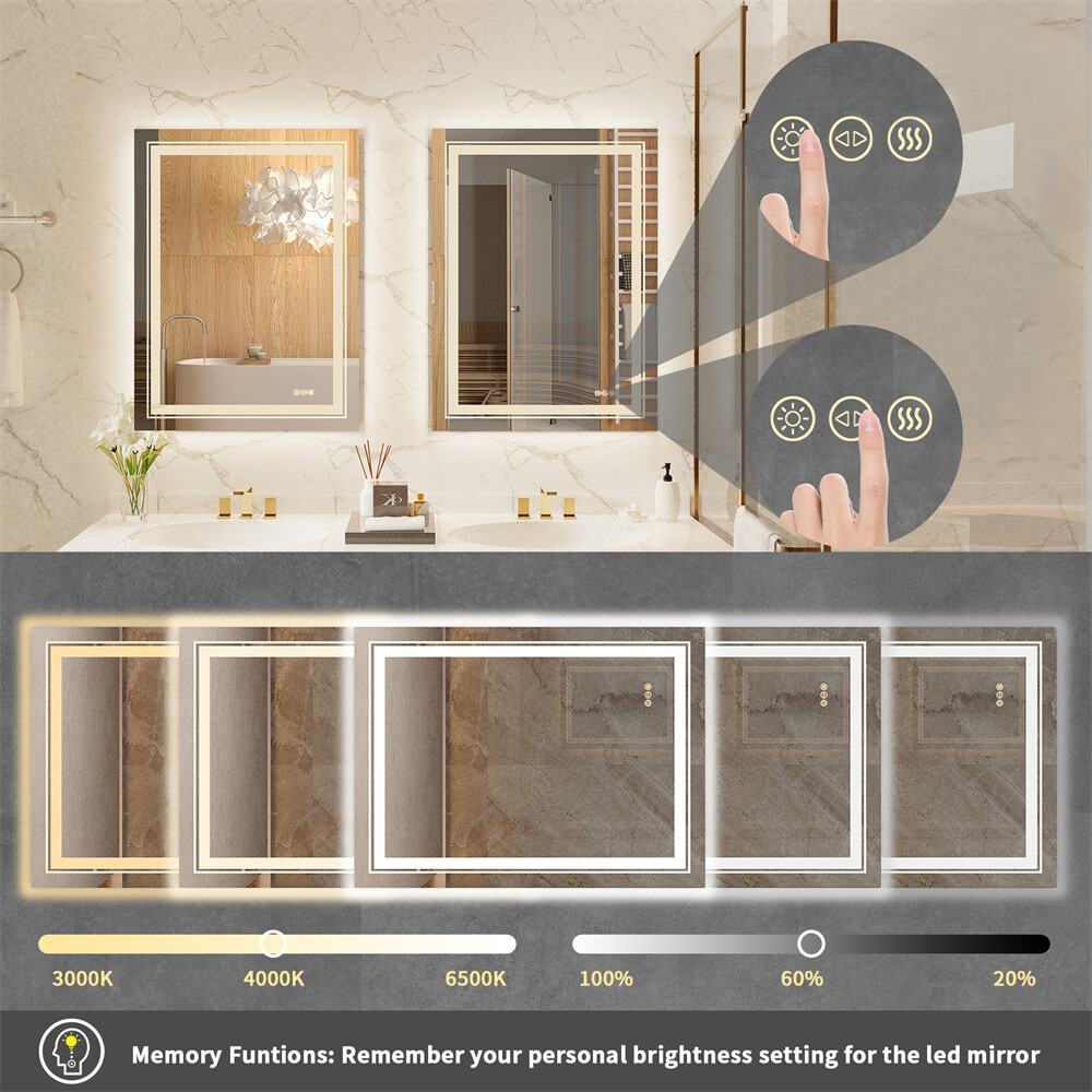 LED Mirror for Bathroom Vanity Front Light + Backlit Stepless Dimmable Anti-Fog