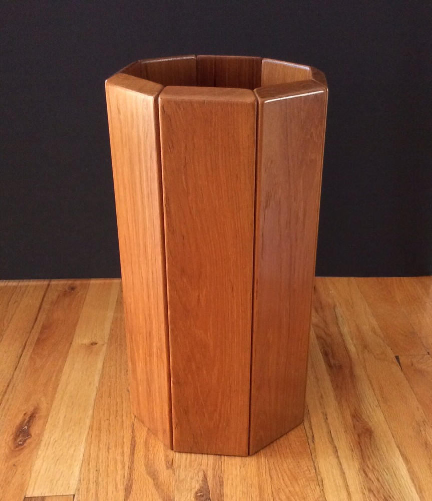 Danish Modern Mid Century Solid Teak Octagon Panel “Umbrella” Stand With Glass