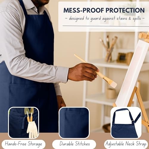 Kitchen Apron 2 Pack - 100% Cotton Adjustable, Durable Apron with Navy Blue